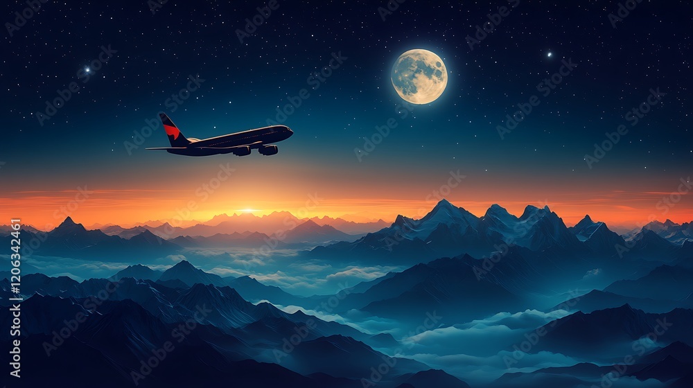 Naklejka premium An airplane is flying over a mountain range at dusk with a full moon and a starry sky in the background.