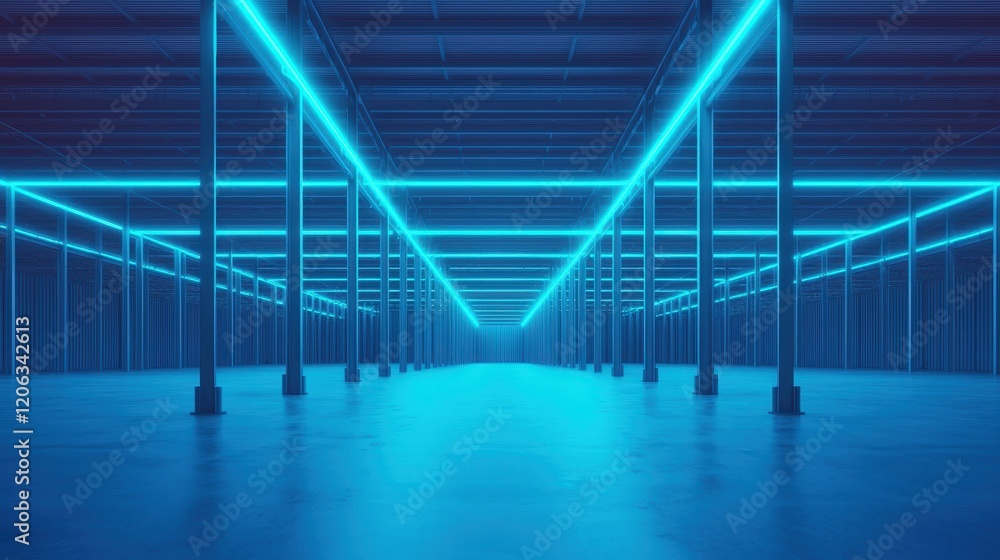 A futuristic space illuminated with vibrant blue neon lights, featuring a symmetrical arrangement of beams and columns creating an immersive atmosphere. A futuristic space illuminated with vibrant blue neon lights, featuring a symmetrical arrangement of beams and columns creating an immersive atmosphere.