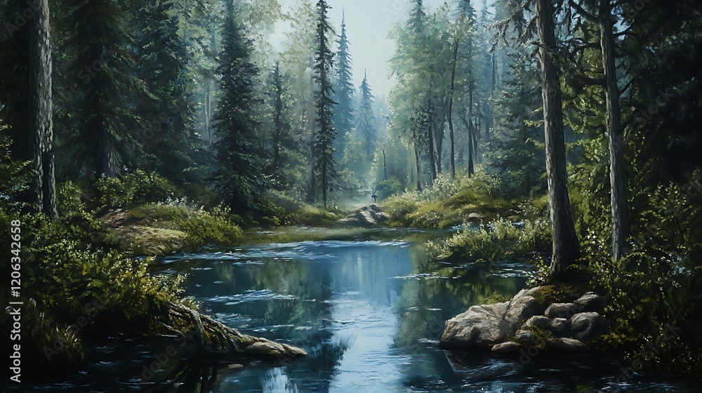 Serene forest landscape with a tranquil river and lush greenery. Serene forest landscape with a tranquil river and lush greenery.