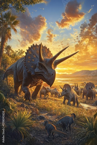 Herd of Triceratops roaming a prehistoric landscape during sunset