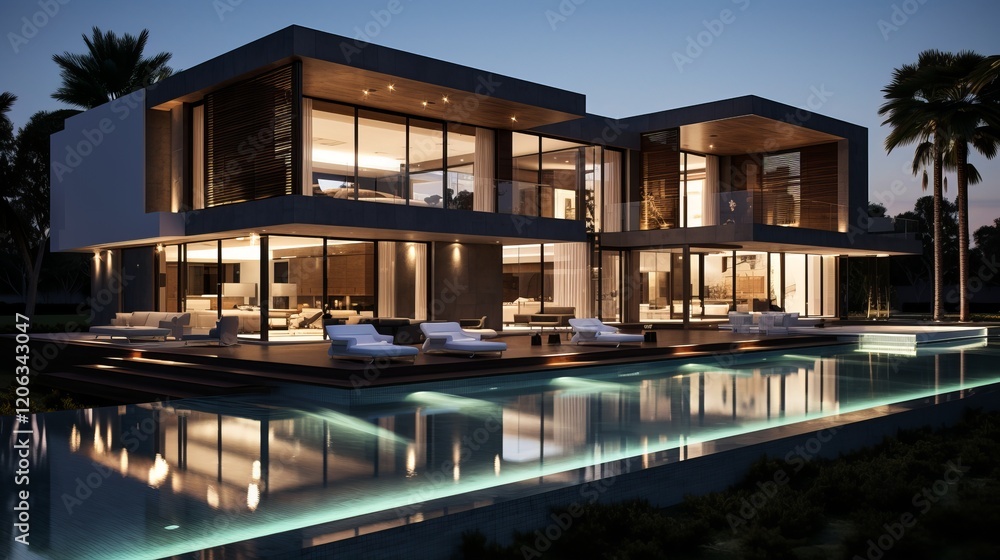Obraz premium Contemporary villa illuminated at dusk by the tranquil poolside retreat. Generative AI