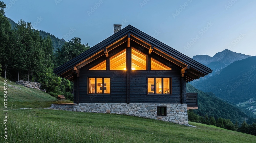 Obraz premium A cozy wooden chalet nestled in a serene landscape, illuminated by warm lights against a backdrop of mountains during twilight.