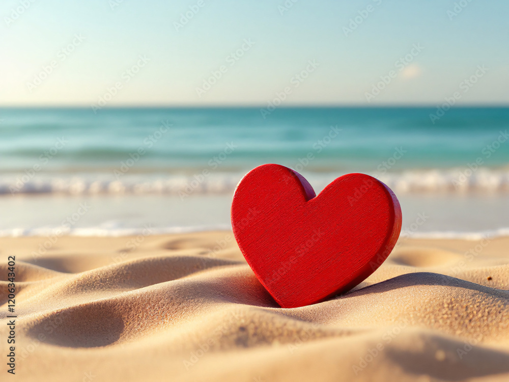 Fototapeta premium Red wooden heart on sandy beach with ocean waves and blue sky.