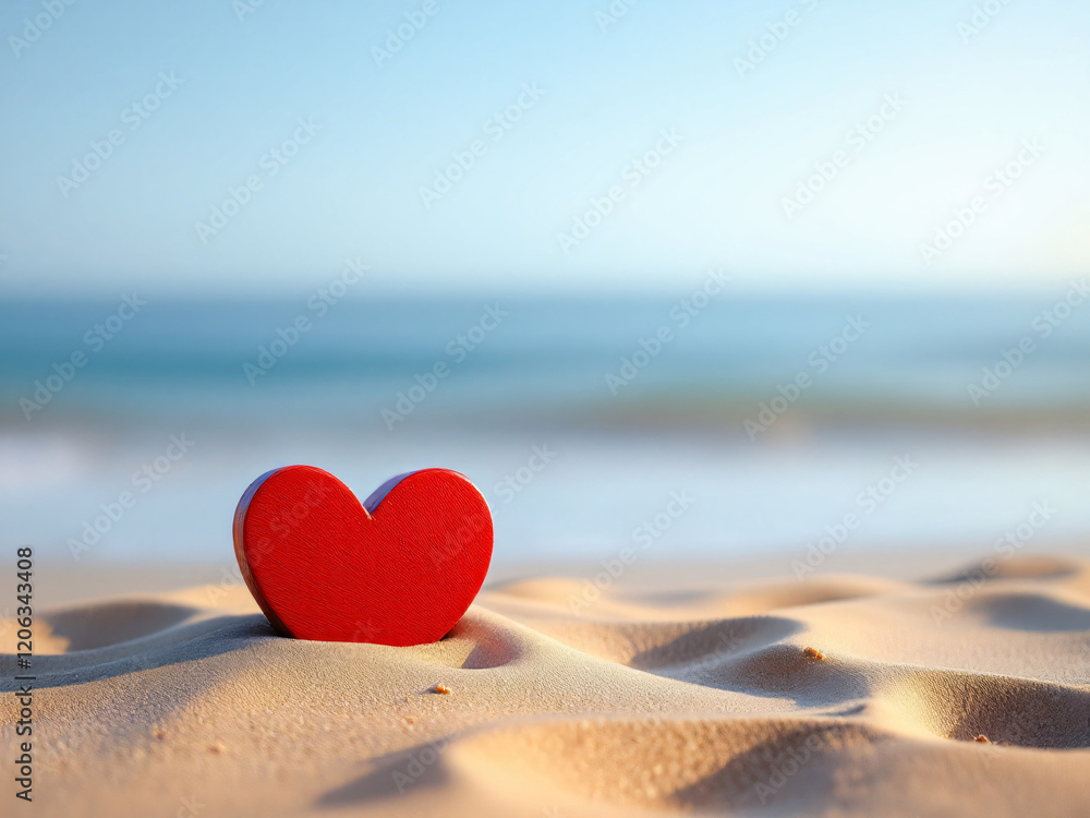 Red wooden heart on sandy beach with ocean waves and blue sky. Red wooden heart on sandy beach with ocean waves and blue sky.