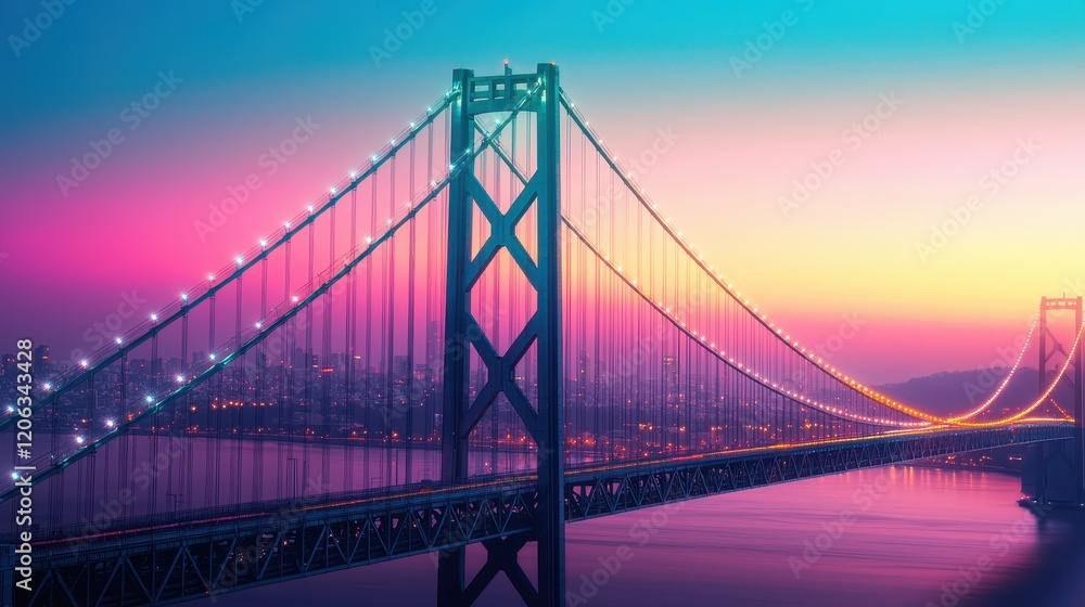 Obraz premium A stunning bridge illuminated at sunset, framed by vibrant colors reflecting in the water, showcasing architectural beauty and serene landscapes.