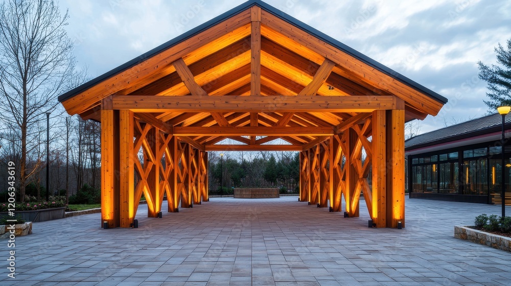 Fototapeta premium A modern wooden structure with glowing beams, set against a cloudy sky, creating an inviting atmosphere for gatherings or events.