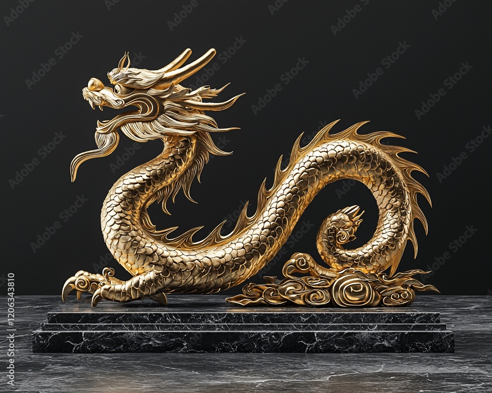 Obraz premium Golden dragon statue on marble base.