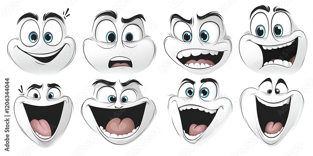 A collection of cartoonish faces displaying various emotions such as happiness, surprise, and excitement A collection of cartoonish faces displaying various emotions such as happiness, surprise, and excitement