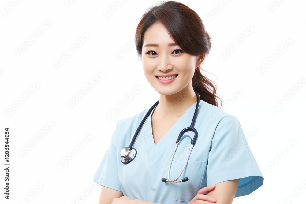 Smiling Asian Nurse in Professional Uniform with Stethoscope, Friendly and Caring Healthcare Worker, White Background, Ideal for Medical, Healthcare, and Wellness Concepts Smiling Asian Nurse in Professional Uniform with Stethoscope, Friendly and Caring Healthcare Worker, White Background, Ideal for Medical, Healthcare, and Wellness Concepts
