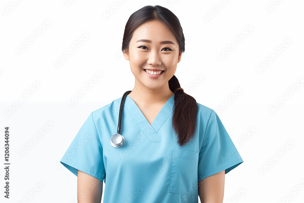 Smiling Asian Nurse in Professional Uniform with Stethoscope, Friendly and Caring Healthcare Worker, White Background, Ideal for Medical, Healthcare, and Wellness Concepts Smiling Asian Nurse in Professional Uniform with Stethoscope, Friendly and Caring Healthcare Worker, White Background, Ideal for Medical, Healthcare, and Wellness Concepts