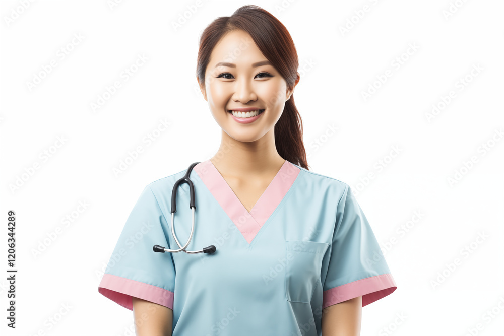 Smiling Asian Nurse in Professional Uniform with Stethoscope, Friendly and Caring Healthcare Worker, White Background, Ideal for Medical, Healthcare, and Wellness Concepts Smiling Asian Nurse in Professional Uniform with Stethoscope, Friendly and Caring Healthcare Worker, White Background, Ideal for Medical, Healthcare, and Wellness Concepts