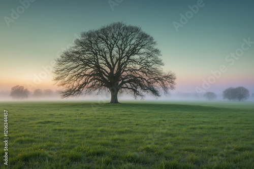 Wallpaper Mural Vast pastel green meadow, single tree in center, soft gradient sky, low mist, golden dew reflections Torontodigital.ca