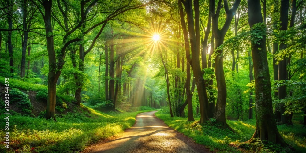 Fototapeta premium Serene Forest Path: Mystical Woodland Trail Background Image