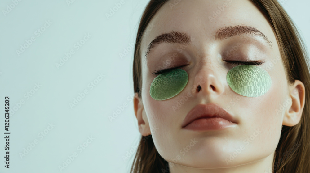 Spa treatment focuses on skincare with hydrating eye patches applied on a woman's face in calm indoor setting Spa treatment focuses on skincare with hydrating eye patches applied on a woman's face in calm indoor setting