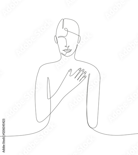 Continuous line drawing of a woman placing her hand on her heart, symbolizing love, care, and compassion.