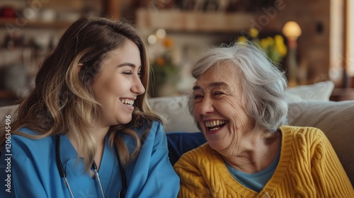 A home health care worker assists an elderly woman in her home	