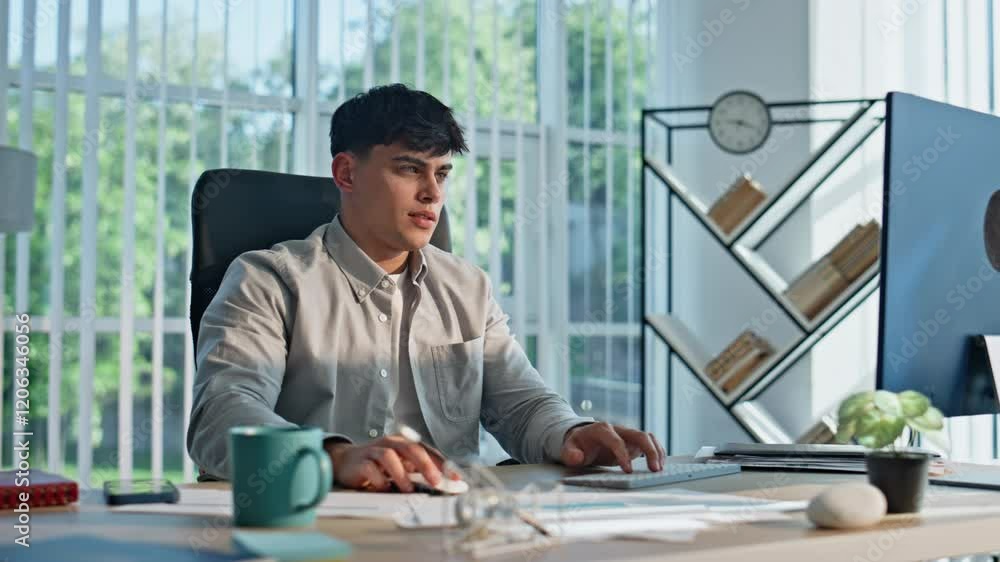 Young man looking desktop working at open space closeup. Manager drinking tea Young man looking desktop working at open space closeup. Manager drinking tea