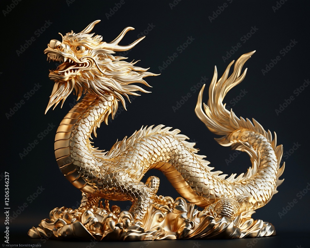 Obraz premium Golden dragon statue, intricate details, mythical creature.