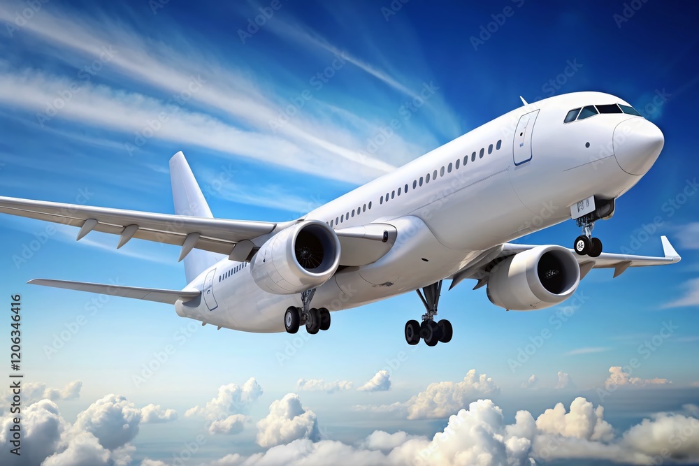 Obraz premium Side View White Airplane in Flight, Isolated, Travel Technology Concept