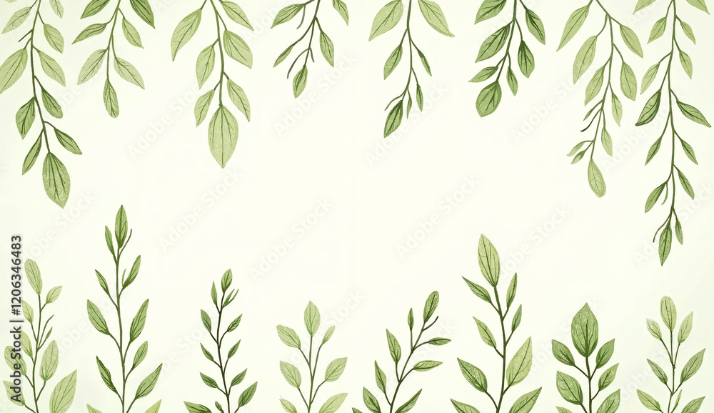 Fototapeta premium Green plant and leafs pattern. Pencil, hand drawn natural illustration