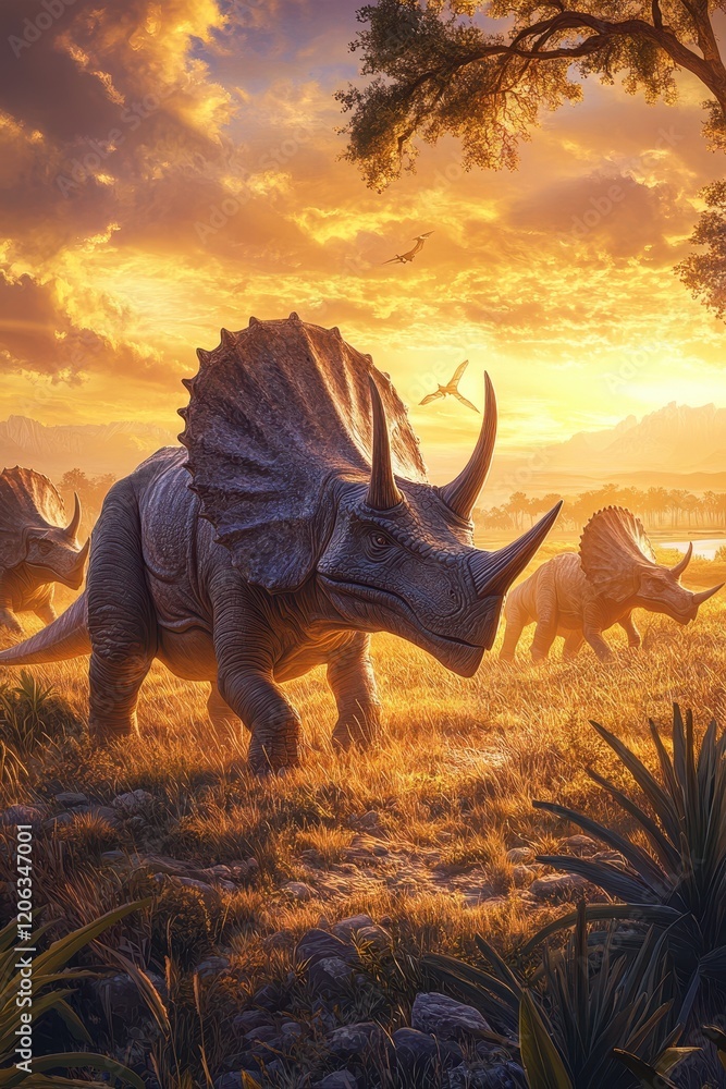 Fototapeta premium Herd of Triceratops roaming a prehistoric landscape during sunset