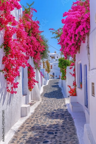 Charming cobblestone street lined with blooming pink flowers in Santorini, Greece during a sunny day photo