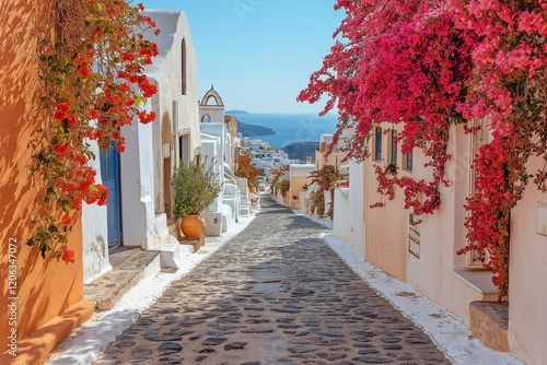 Fototapeta Naklejka Na Ścianę i Meble -  Colorful bougainvillea and cobblestone streets in Santorini during a sunny day