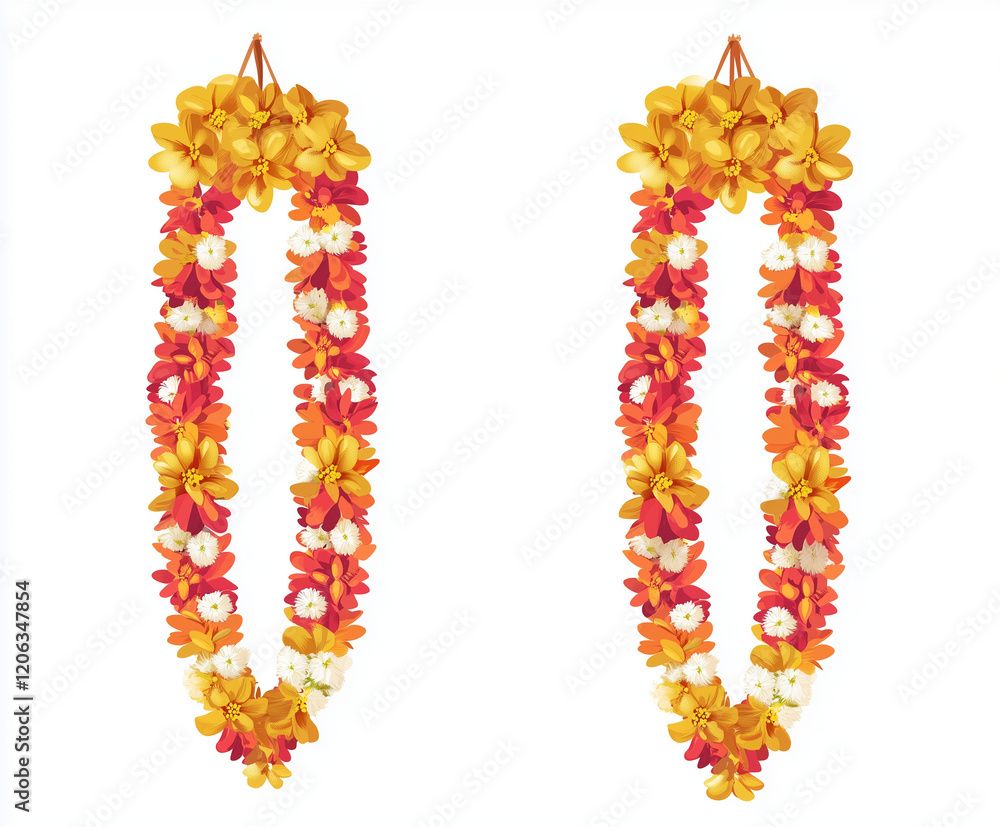 Indian flower garland mala for wedding ceremony. Traditional decoration for couple. Isolated on white vector illustration