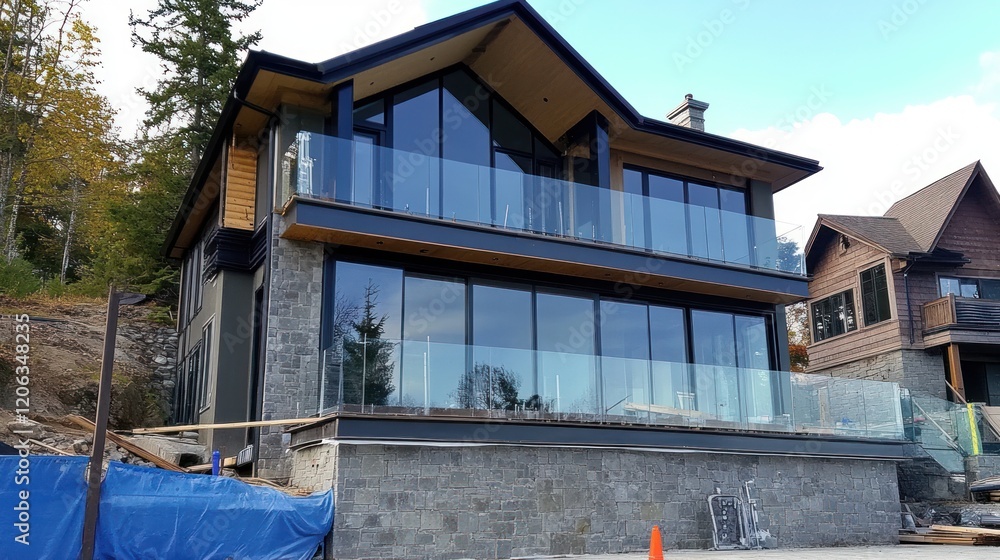 Modern Glass House Under Construction Near Trees
