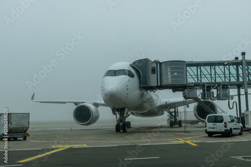 Low angle view of an airplane parked at a gate at an airport terminal on a gloomy foggy day