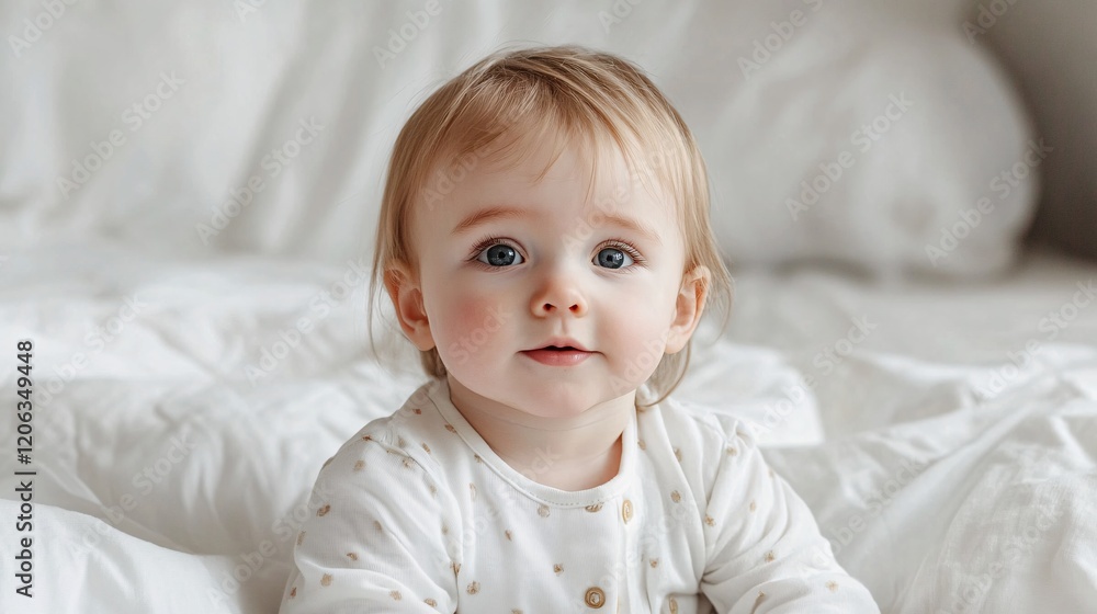 Adorable baby relaxing on white bed linen: sweet innocence and childhood comfort Adorable baby relaxing on white bed linen: sweet innocence and childhood comfort
