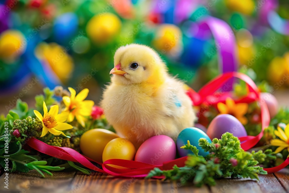 Spring Chick on Festive Easter Decoration with Ribbons and Greenery Spring Chick on Festive Easter Decoration with Ribbons and Greenery