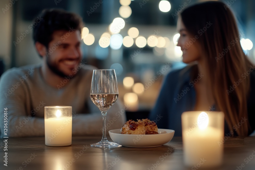 A romantic dinner setting featuring candlelight, wine glasses, and a delicious meal, perfect for a cozy atmosphere and connection between two individuals. A romantic dinner setting featuring candlelight, wine glasses, and a delicious meal, perfect for a cozy atmosphere and connection between two individuals.