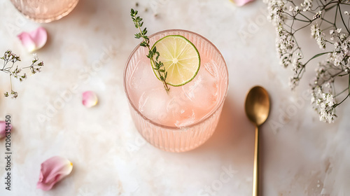 Refreshing pink drink garnished with lime and thyme. Perfect for a summer day or a relaxing evening.