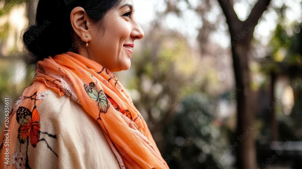 A woman stands with a smile, wearing an orange scarf decorated with butterflies. She enjoys a sunny day in a vibrant garden surrounded by lush plants and blooming flowers A woman stands with a smile, wearing an orange scarf decorated with butterflies. She enjoys a sunny day in a vibrant garden surrounded by lush plants and blooming flowers