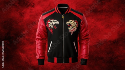 Red and Black Leather Jacket With Eagle Designs photo