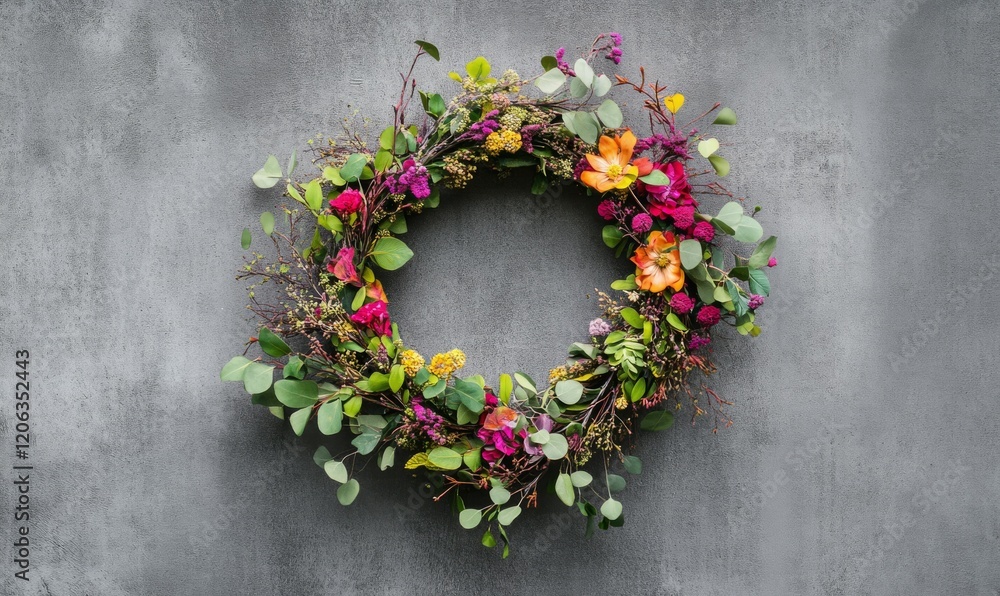 A beautifully arranged easter wreath made from natural materials like flowers, leaves and branches hanging on a grey concrete door or wall, outdoors, wreaths, floral arrangements, vintage A beautifully arranged easter wreath made from natural materials like flowers, leaves and branches hanging on a grey concrete door or wall, outdoors, wreaths, floral arrangements, vintage