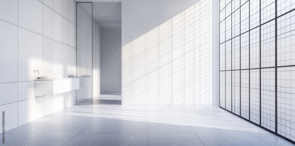 Fototapeta premium modern bathroom with large glass door and floor to ceiling window.