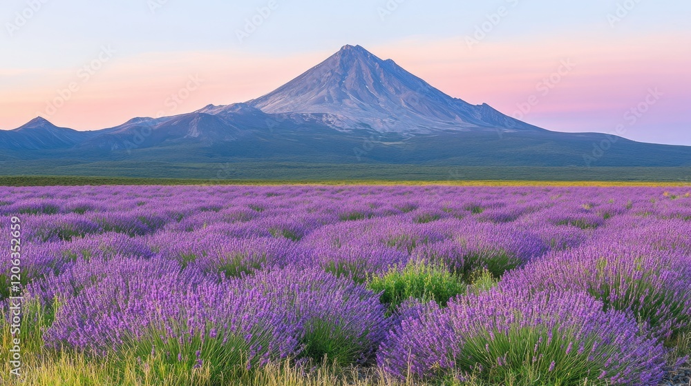 Lavender Field and Majestic Mountain at Sunrise Lavender Field and Majestic Mountain at Sunrise