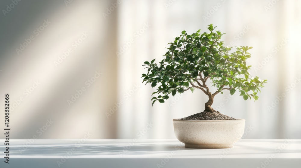 Fototapeta premium A beautiful bonsai tree in a pot on an elegant white table, neutral background,