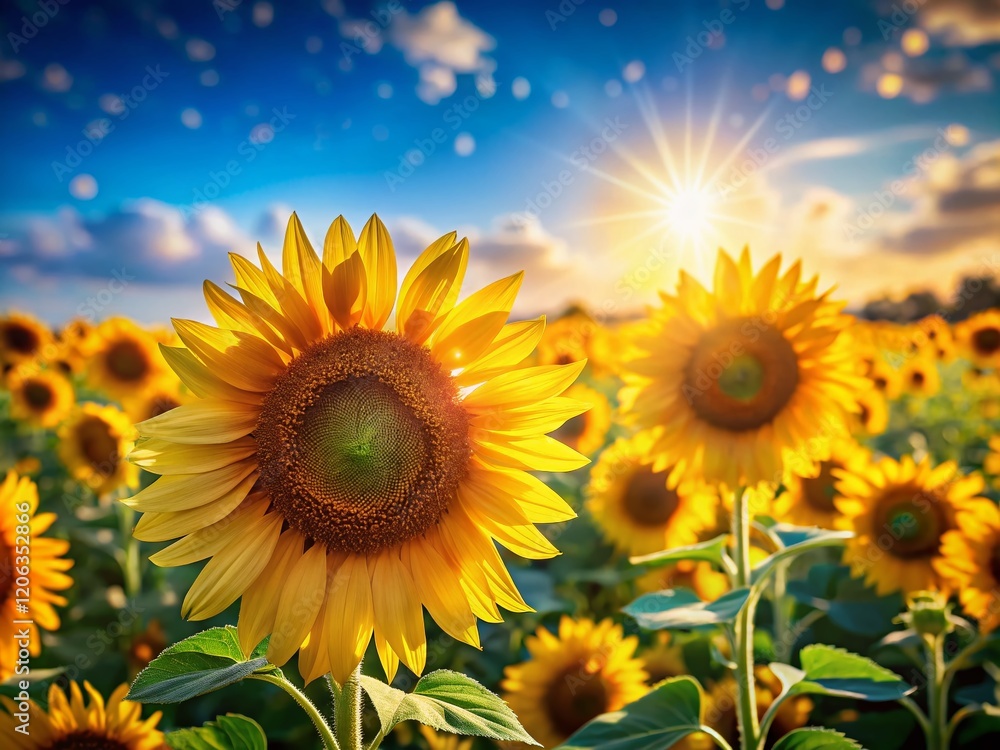 Fototapeta premium Sunflowers Field Blue Sky Bokeh - Vibrant Summer Landscape Stock Photo