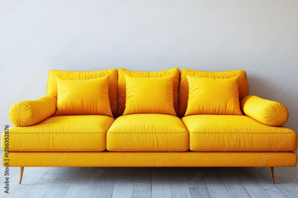 Fototapeta premium A clean and sleek bright yellow modern sofa with a minimalist design, featuring two yellow pillows placed symmetrically in the seating area.