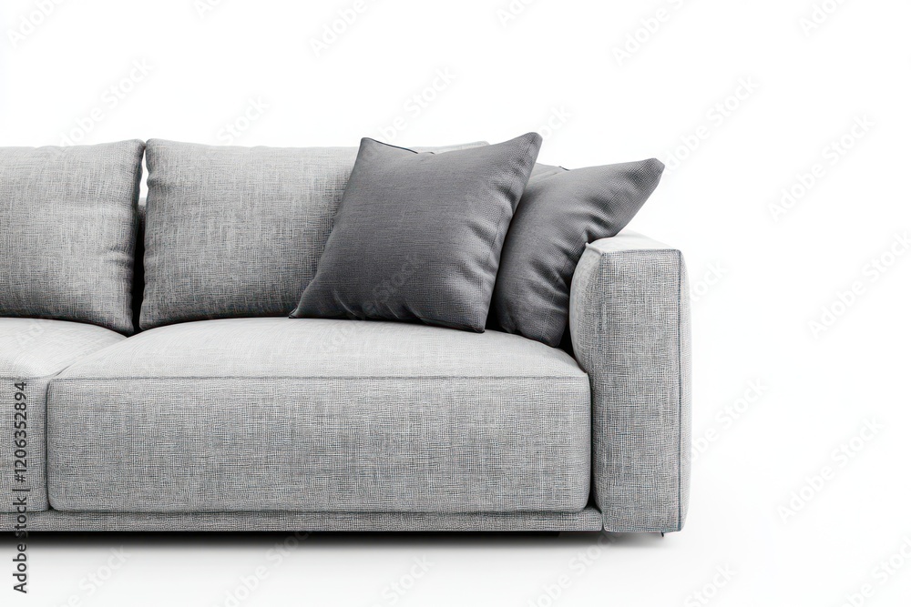 Fototapeta premium A clean and sleek modern gray sofa with a minimalist design, featuring two bright gray pillows placed symmetrically in the seating area.