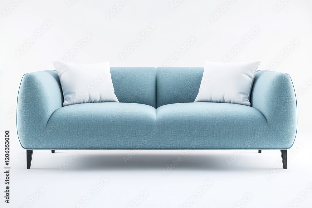 A clean and sleek soft pastel blue modern sofa with a minimalist design, featuring two white cushions placed symmetrically in the seating area. A clean and sleek soft pastel blue modern sofa with a minimalist design, featuring two white cushions placed symmetrically in the seating area.