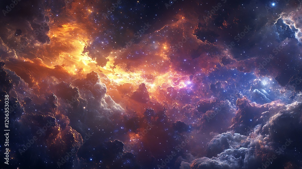 Naklejka premium A vibrant cosmic scene depicting colorful nebulae and stars.