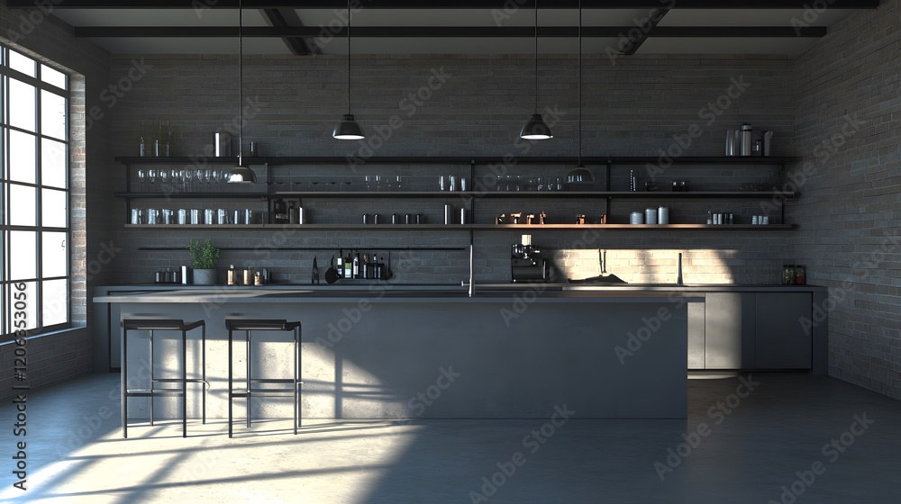 Obraz premium Sleek, industrial-style kitchen with metal shelving and a minimalist design.