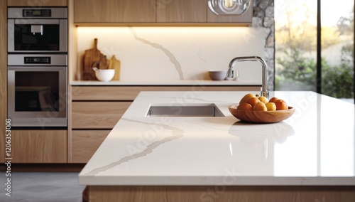 Fototapeta Naklejka Na Ścianę i Meble -  Modern Kitchen Island with Quartz Countertop and Wooden Accents