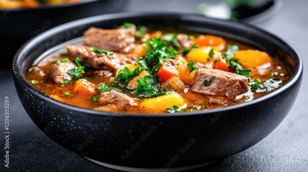 Hearty beef stew in bowl, close-up, dark background. Perfect for recipe blogs, cookbooks Hearty beef stew in bowl, close-up, dark background. Perfect for recipe blogs, cookbooks