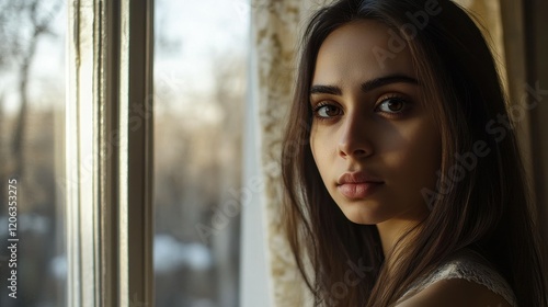 A young woman with long hair looks pensively outside through a window, surrounded by soft natural light in a calm and cozy environment. The outdoor scenery appears tranquil Free Download A young woman with long hair looks pensively outside through a window, surrounded by soft natural light in a calm and cozy environment. The outdoor scenery appears tranquil - GFXLoad