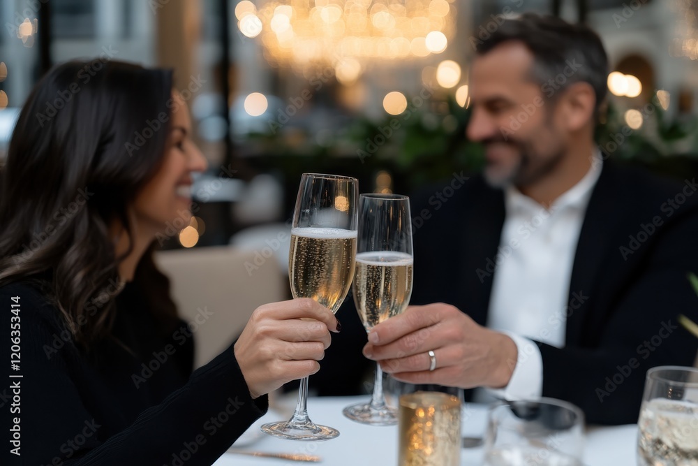 A couple joyfully clinks their champagne glasses together, surrounded by soft lighting and classy decor, celebrating their love over an exquisite dinner setting. A couple joyfully clinks their champagne glasses together, surrounded by soft lighting and classy decor, celebrating their love over an exquisite dinner setting.